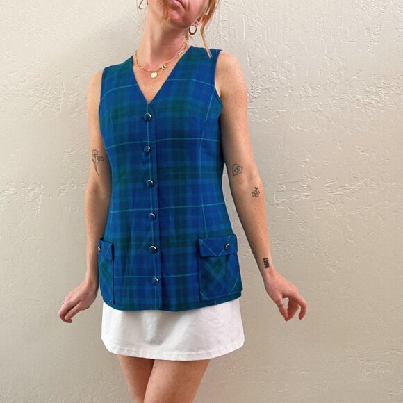 Vintage 1970's 100% Wool Blue Plaid Button Up Vest - Picture 1 of 7